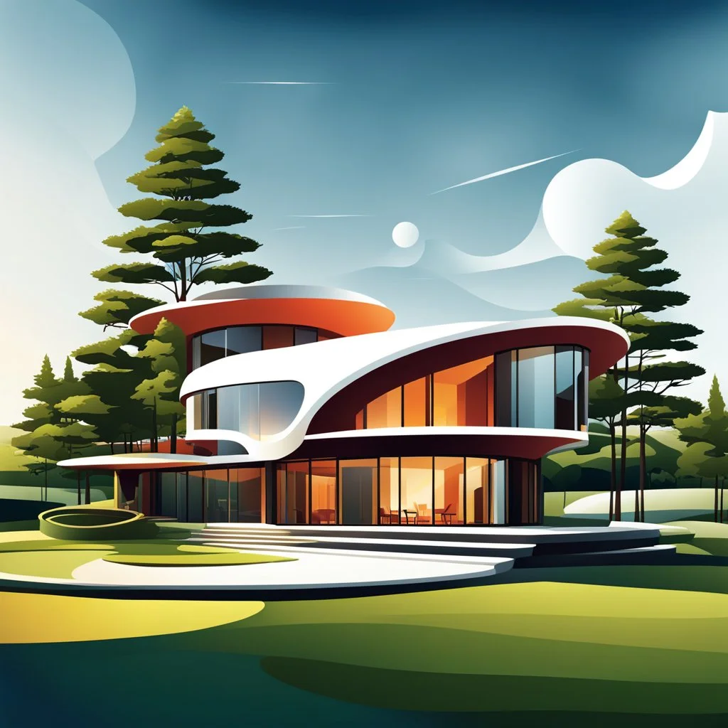 Ilustración vectorial de una casa campestre moderna,neofutufista con innovadoras formas y curvas. Materiales concreto y vidrio. Árboles, gente.