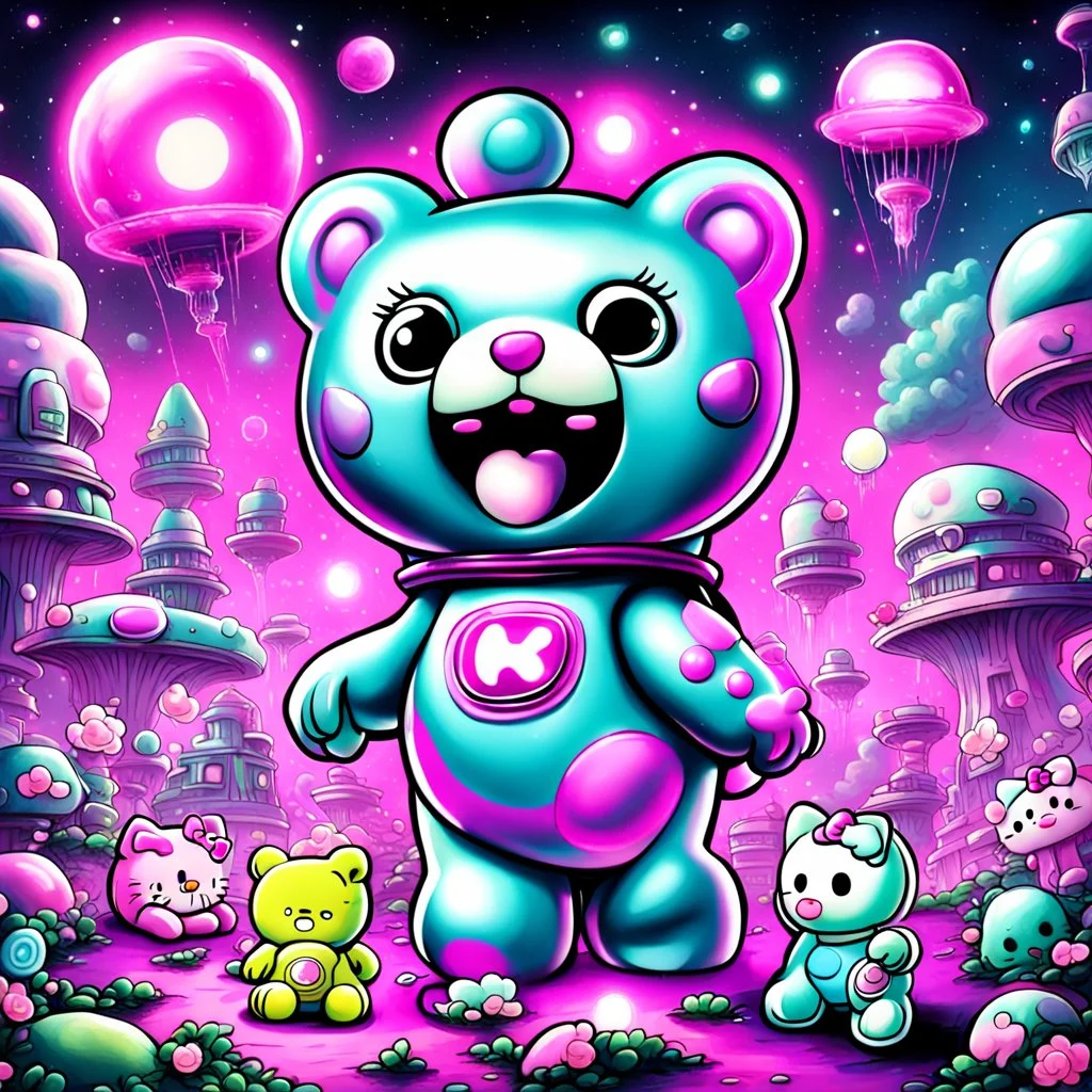 Alien invasion with Care Bears and Hello Kitty