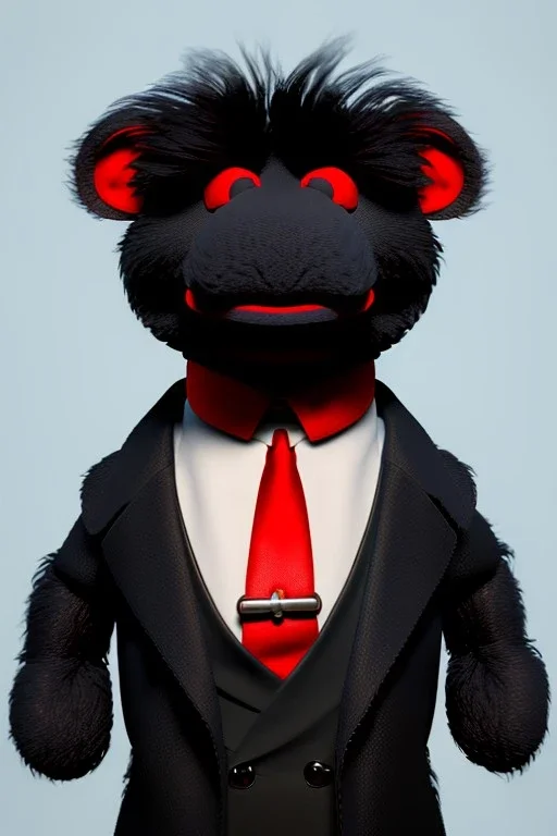 Waist up muppet Portrait, Kim Jong-un muppet doll, black suit, photo studio, red background, unreal engine 5, concept art, art station, god lights, ray tracing, RTX, lumen lighting, ultra detail, volumetric lighting, 3d.