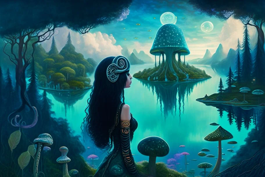 A skinny woman with a Cleopatra hairstyle, short skirt, and knee-high boots, looking out over a lake, in an alien forest, with tall cloud trees, flying mushrooms with octopus tentacles