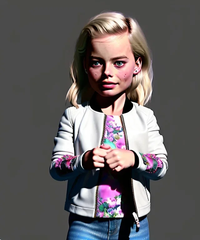 Margot Robbie toddler, full body, sneaker, leather jacket, floral shirt, soft skin, dramatic lighting, hyper realistic