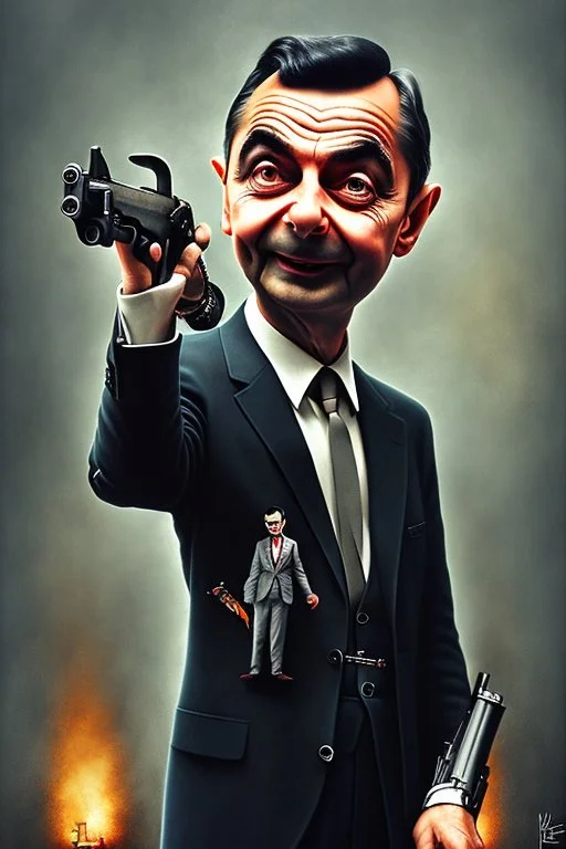 mr bean as the mafia godfather, holding tommygun, 4k, trending art, weird perspective, realism, spray paint, detailed