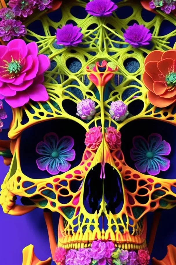 Elaborate skeleton lattice with multicolored blooming alien flowers growing through it.