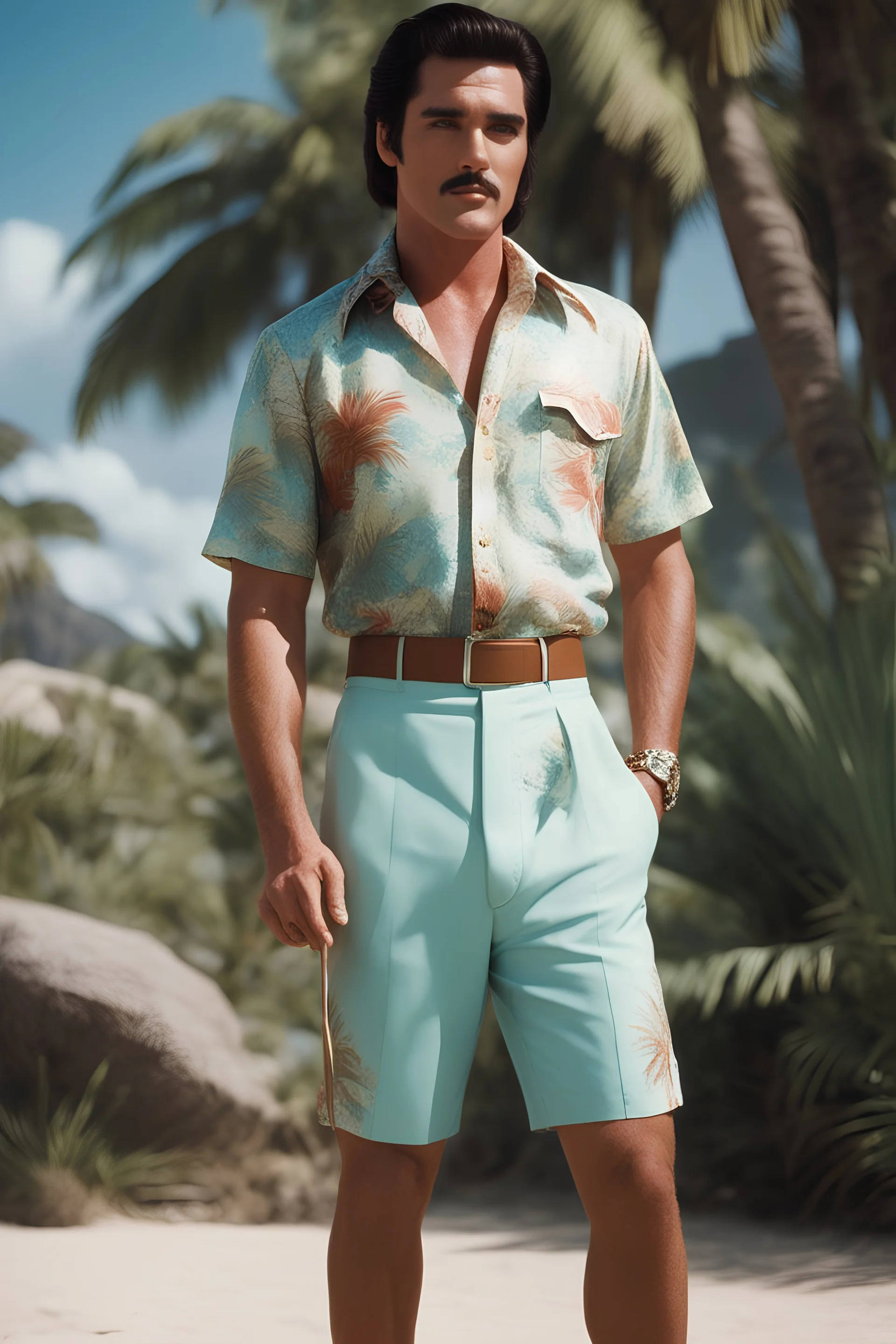 Elvis Presley with medium length bob-styled brown hair, a mustache, wearing a Hawaiian shirt and Bermuda shorts- well-lit, UHD, 1080p, professional quality, 35mm photograph by Scott Kendall