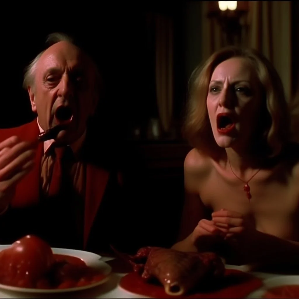 Movie shot horror, spooky, ultra realistic distress, dining, ultra realistic hot woman, pieces of meat, creepy, organs, ail dynamic, anguish, excited woman, hypermaximalist figures, Creepy, Alfred Hitchcock, sinister, John Carpenter, Dario Argento, ornate, 4k, photorealism