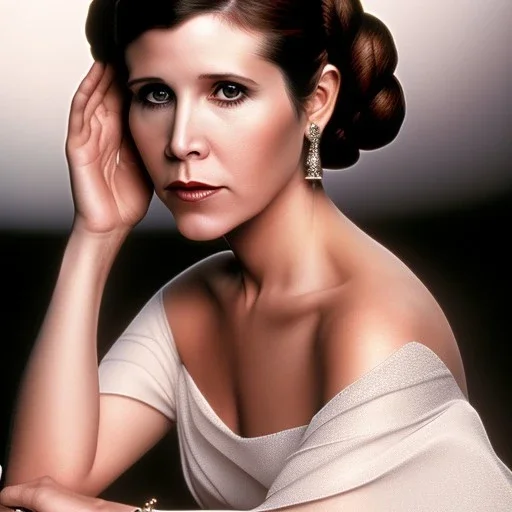 half-length color photo shoot, three-quarter face pose of carrie fisher as Princess Leia with realistic fine and very simple short hair, entrancing deep brown eyes, Intricate, High Detail, Sharp focus, realism, beautiful and detailed lighting, Nikon D850, ef 85mm 5.6 by Annie Leibovitz