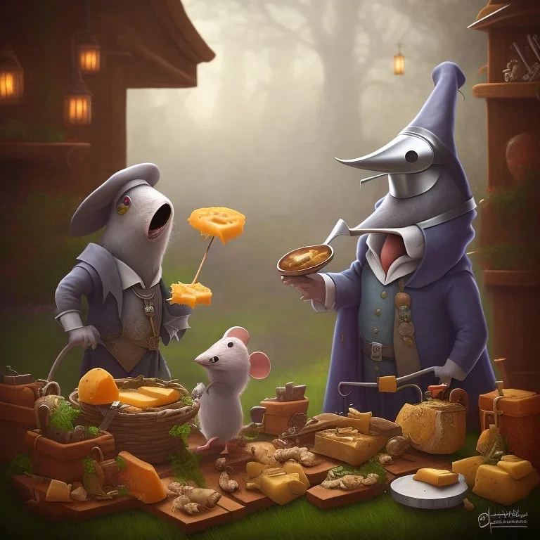 A Plague Doctor (AND) a Mouse having a port & cheese party while mushrooms grow beside them by Pixar and Dreamworks