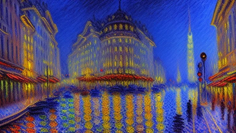 Modern city at night with modern cars, claude monet impressionism painting