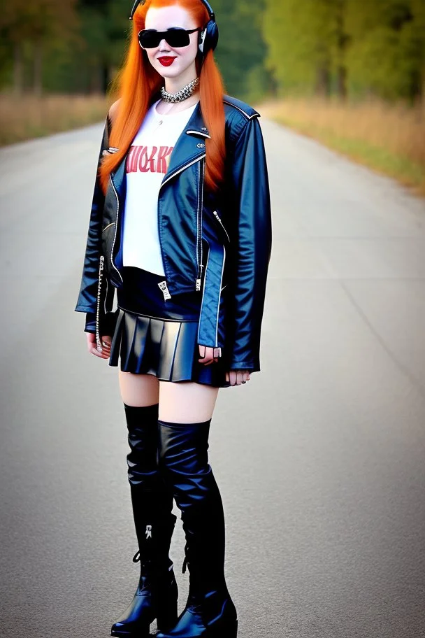 pretty young girl, red long haired, nice smile, sunglasses, headphones, nice body, big bubs and nice legs, little leather jacket, skirt and boots rocker fashion