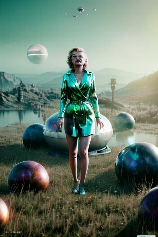 Ultra Realistic retro sci-fi 1960 scene, waist up view portrait, blonde woman, sweet young Marilyn Monroe face, perfect iris, tight latex coat, alien planet background, tight style, steel sphere dron levitating, fog, rain, soft color, highly detailed, unreal engine 5, ray tracing, RTX, lumen lighting, ultra detail, volumetric lighting, 3d, finely drawn, high definition, high resolution.