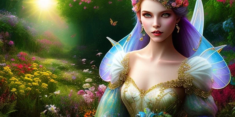 bright fairy, beautiful portrait, flowery landscape