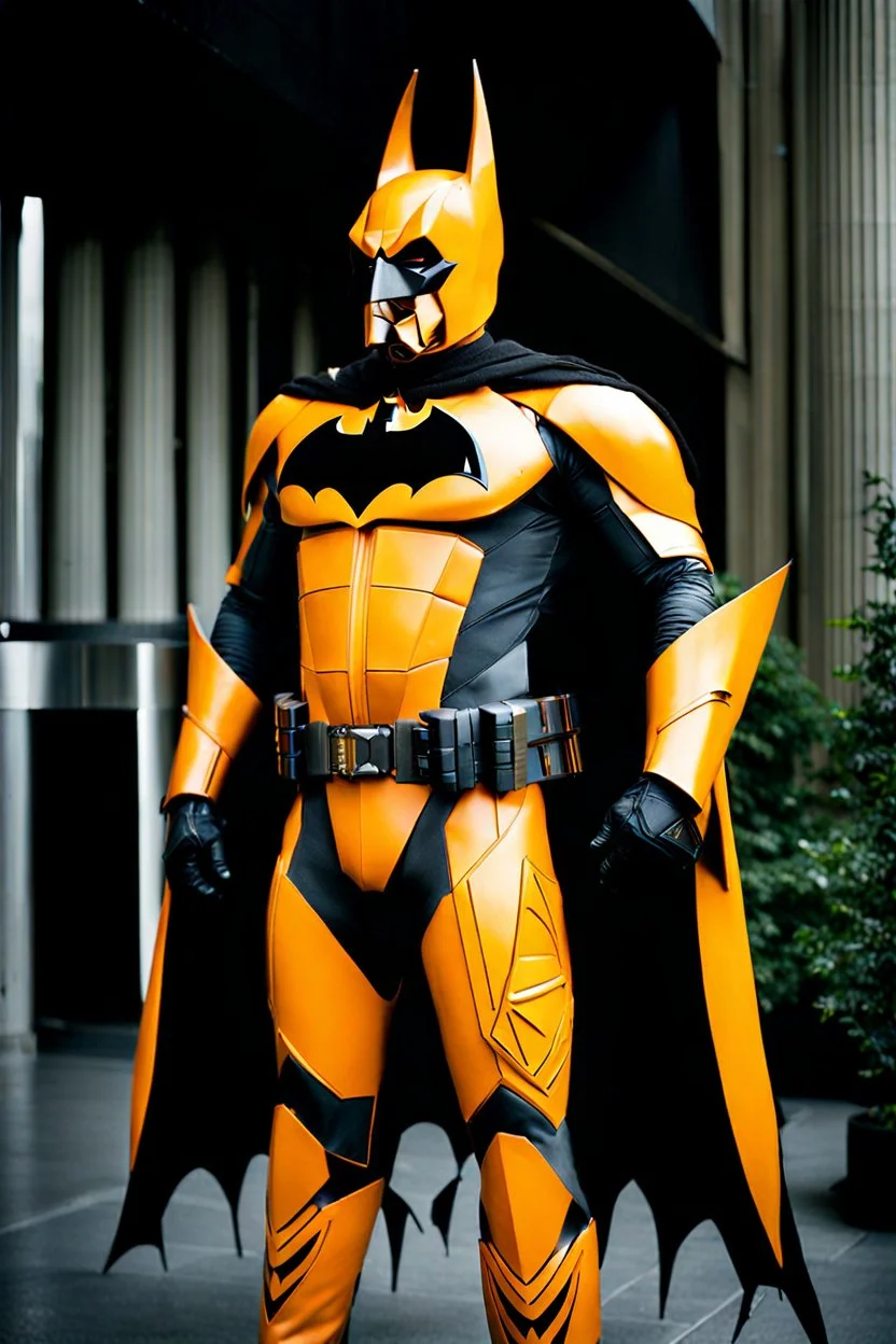 Batman in futuristic orange armor, photograph