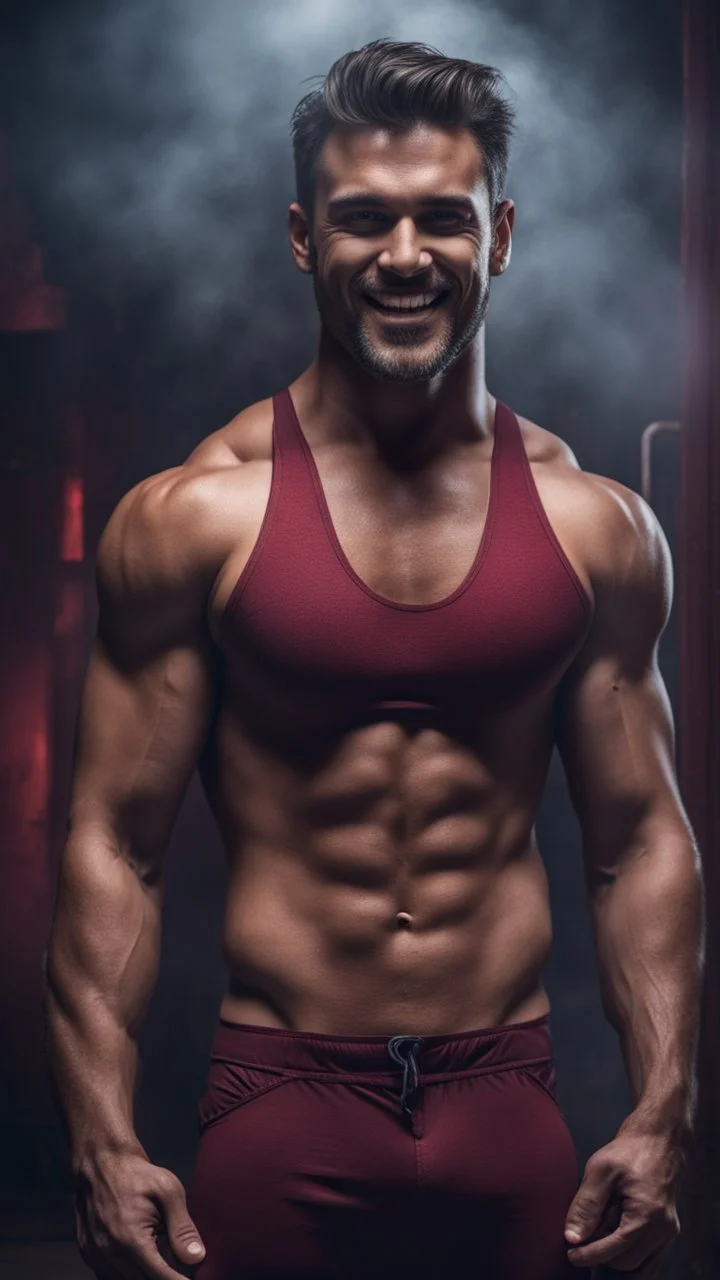 Hyper Realistic handsome muscular man in maroon-patterened-black-tank-top -&-tight-underwear giving ATTRACTIVE-SMILE in a dark gym full of maroon-fog at night showing dramatic & cinematic ambiance