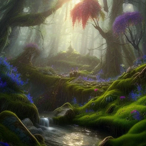 fantasy concept art, dynamic lighting, Intricately detailed, Splash screen art, deep color, Unreal Engine, volumetric lighting, blue flowers, moss, leather, creek, pond, fantasy forest artwork,