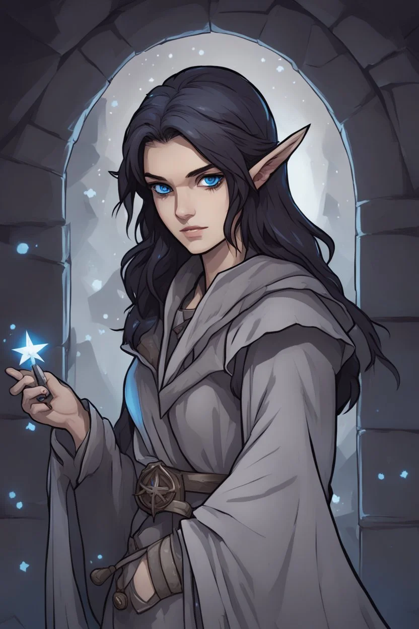 A DnD character in a dark cave. A mysterious half-elf twilight cleric with dark hair and blue eyes. Wearing a grey robe with star symbols.