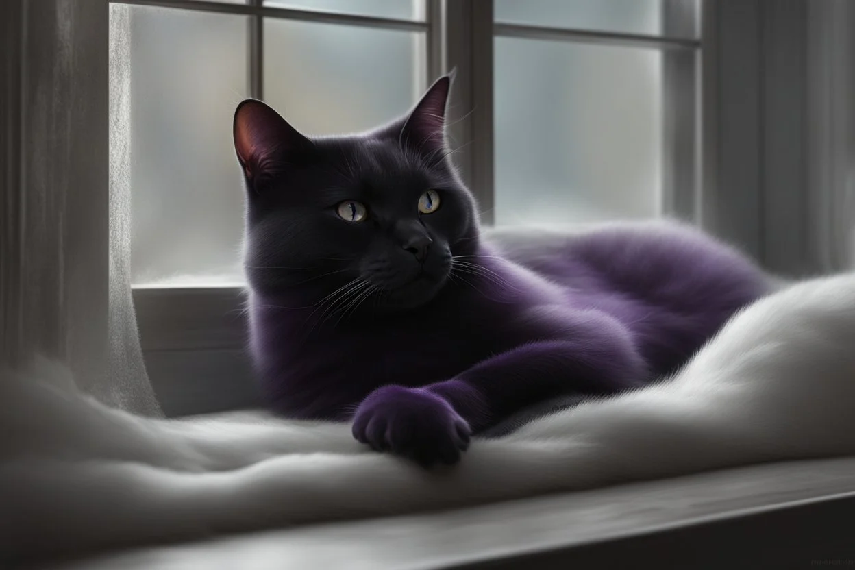 photo from An (black-purple cat) napping in a silver-white moonlights in windows, hyper-realistic, detailed, hypermaximalist, octane render, high textures, ultra realism, photorealistic, perfect symmetry, stunning