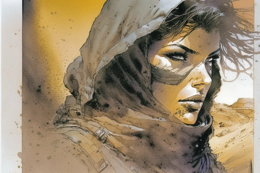 create an ink wash and watercolor, fine art print portrait illustration of a rugged gritty, roughly textured, hooded, black clad and dusty Fremen female mercenary with highly detailed feminine facial features, amidst the billowing desert storms of Arrakis, in the comic book art style of Bill Sienkiewicz, and Jean Giraud Moebius, finely textured, drawn, colored, and inked,