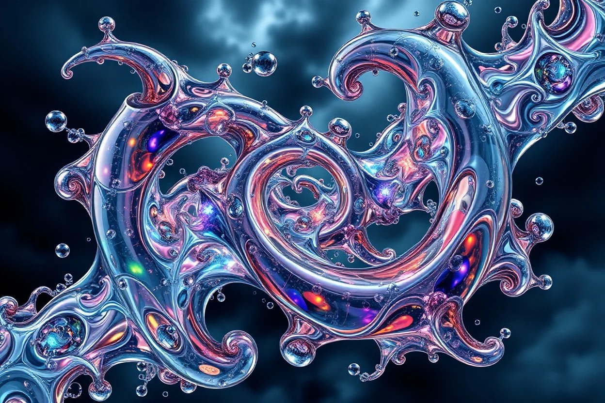 Dynamic complex hypnotic fractal 3D structures with horizontal Symmetry twisting and morphing between organic and geometric forms , smooth translucent iridescent glass with inner glow and bubbles, varied transparent materials, stormy skies, intense dramatic