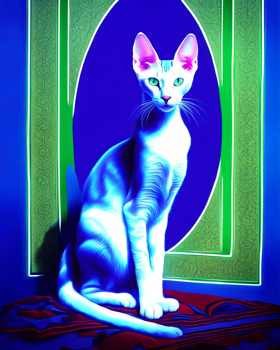 Portrait of Oriental shorthair blue and white mackerl tabby cat with green eyes, white face, hyperdetailed, In the art style of Jean-Antoine Watteau, Nicholas Roerich, Studio Light.
