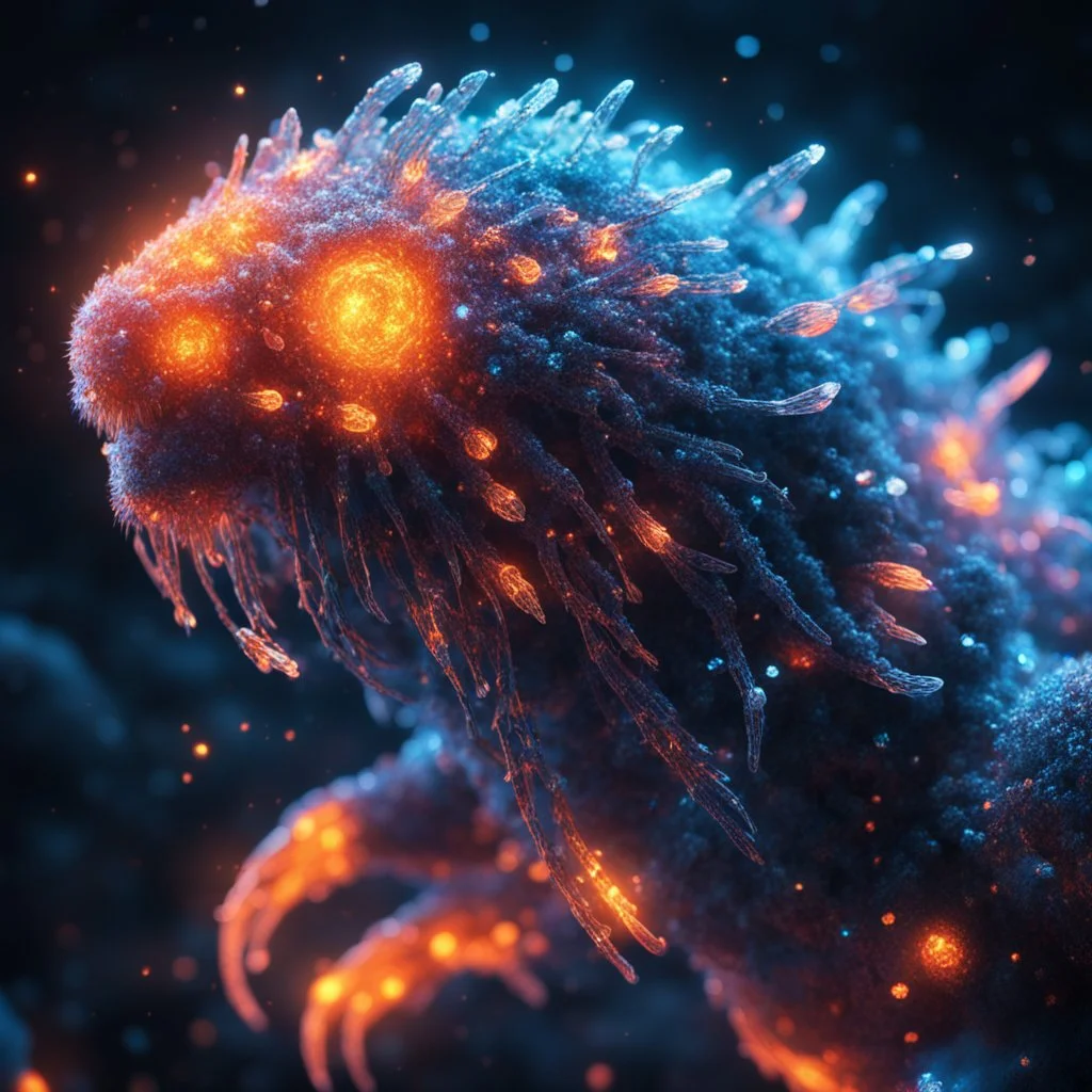 bioluminescent creature, covered with glowing crystals, fire particles in air, bright colors, glowing sparkle particles, dark tone, sharp focus, high contrast, 8k, incredible depth, depth of field, dramatic lighting, beautifully intricate details, clean environment, epic dynamic scene, photorealistic cgi