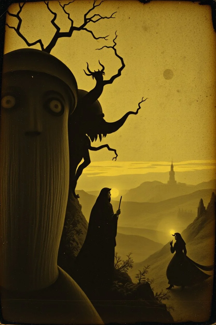 Daguerrotype close up some mysterious figures, odd background, Hieronymus Bosch Max Ernst ambient light, by Minicavio Quollati and Marlost Endgulp, Amano, Botticelli, highlands, Alphonse Mucha