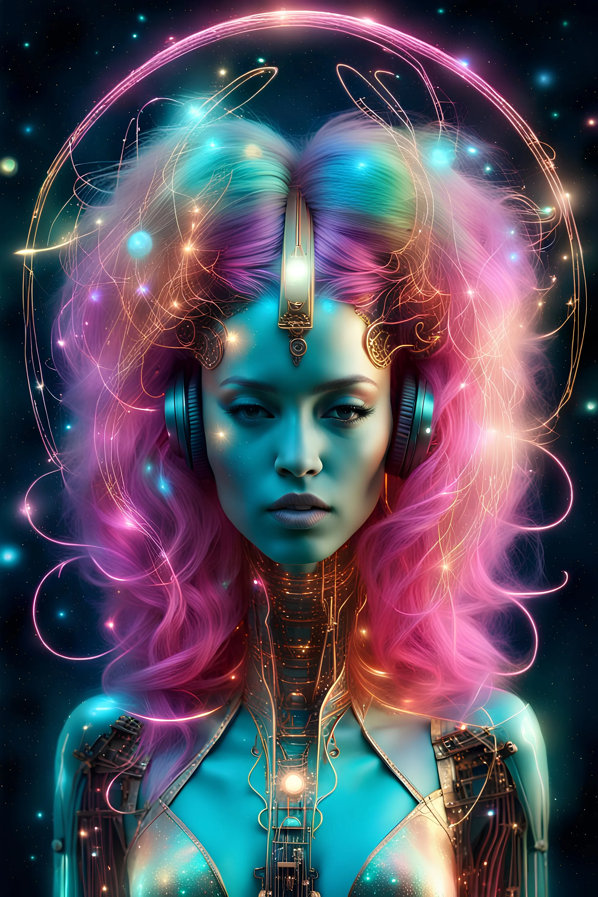 Goddess beautiful of music with holographic images, stars, planets, crescent moon, musical notes, musical notation, particles, all floating around her head and body): iridescent turquoise metal, pink and gold optic fibre hair, robot, electric, neon, nebula, light shards, iridescent galaxy metal, glowing tendrils and threads for hair, electric wires, hair swirling and billowing, lighting effects, neon blue synth wave patterns, pearlescent, digital background, shiny