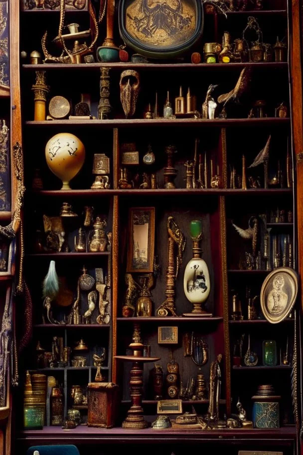 Within the cabinet of Curiosities , each shelf held a treasure trove of peculiar and enigmatic artifacts from distant lands and bygone eras .