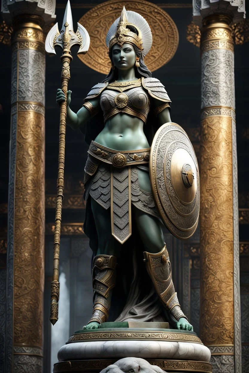 highly detailed marble and jade statue on a plint of the goddess of war. She is clad in plate mail, caries a spear in her left hand and a shield in her right hand. stunning body. full body shot, Hyperrealism, breathtaking, ultra realistic, unreal engine, ultra detailed, volumetric fog, cinematic lighting, , stunning temple environment