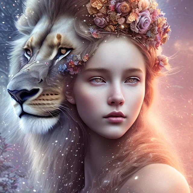 Young beautiful girl wearing floral crown next to a majestic, stunning lion on nature forest path, Chronicles of Narnia, 8k resolution, high-quality, fine-detail, iridescent, intricate, digital art, detailed matte, volumetric lighting, beautiful, illustration, 3D octane render, brian froud, howard lyon, selina french, anna dittmann, annie stokes, lisa parker, greg rutowski,