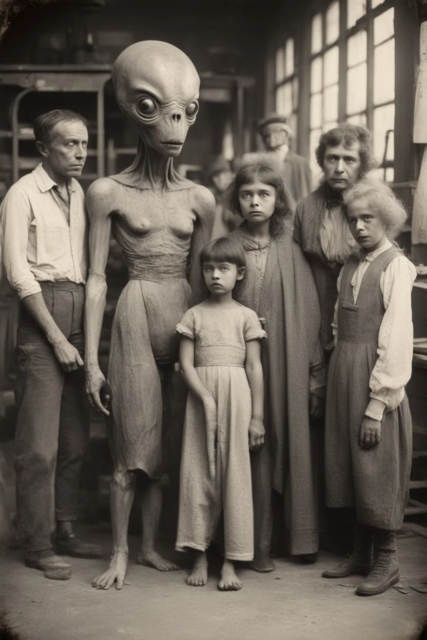 1900's black and white vintage photo, interior, teeth factory warehouse, stange long grey alien human hybrid creature with a family that is sad, captured on square format film, grainy, aged