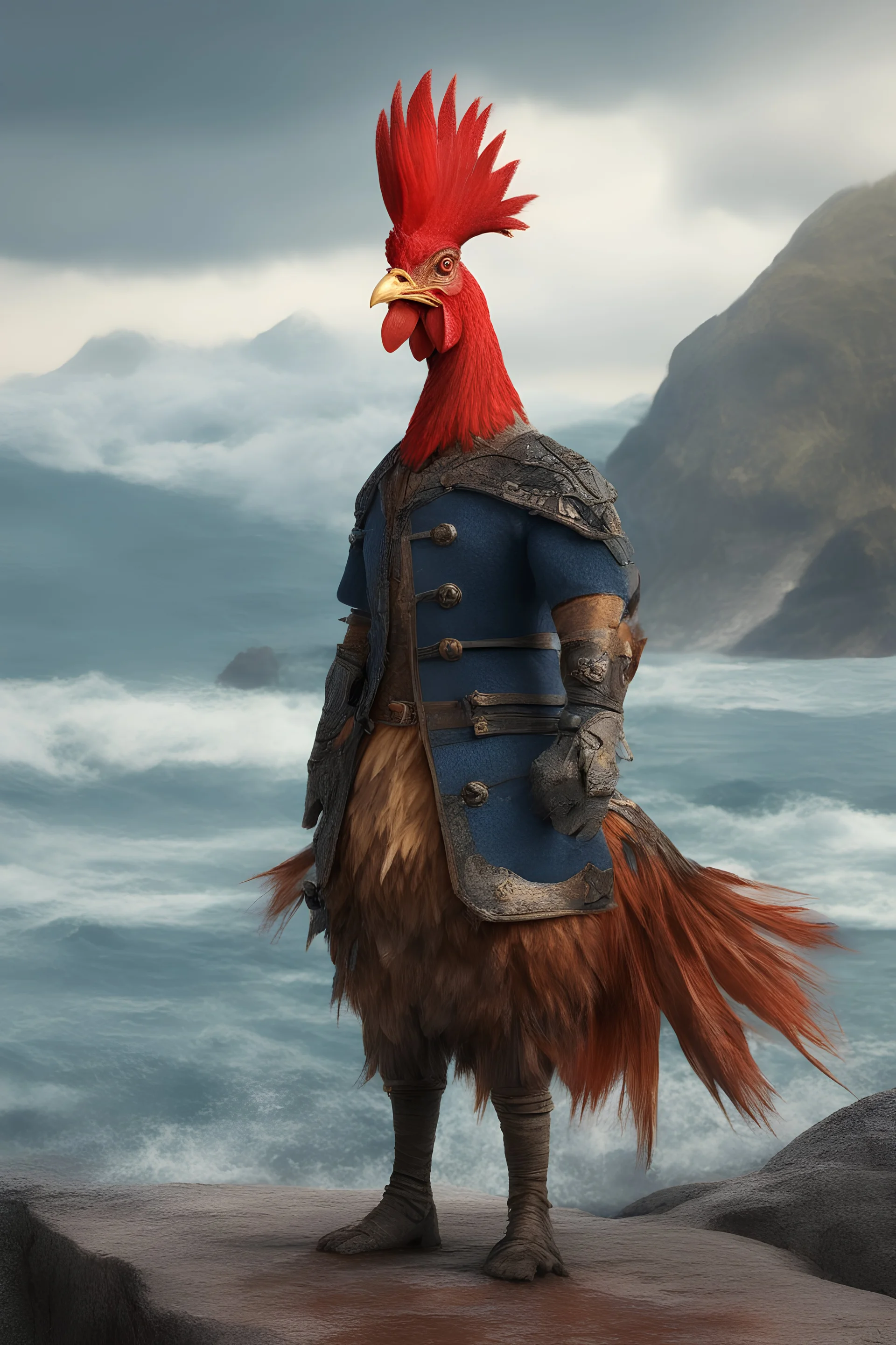 full body, head to toe, 3D, an anthropomorphic Rooster, with short, pixie-cut, (((red hair))) tapered on the sides - full color - 32k, UHD, 1080p, 8 x 10, glossy professional quality digital photograph - raging sea and mountains and a ship in the background, historic, powerful, exquisite detail, sharp - focus, ((skin details, high detailed skin texture))