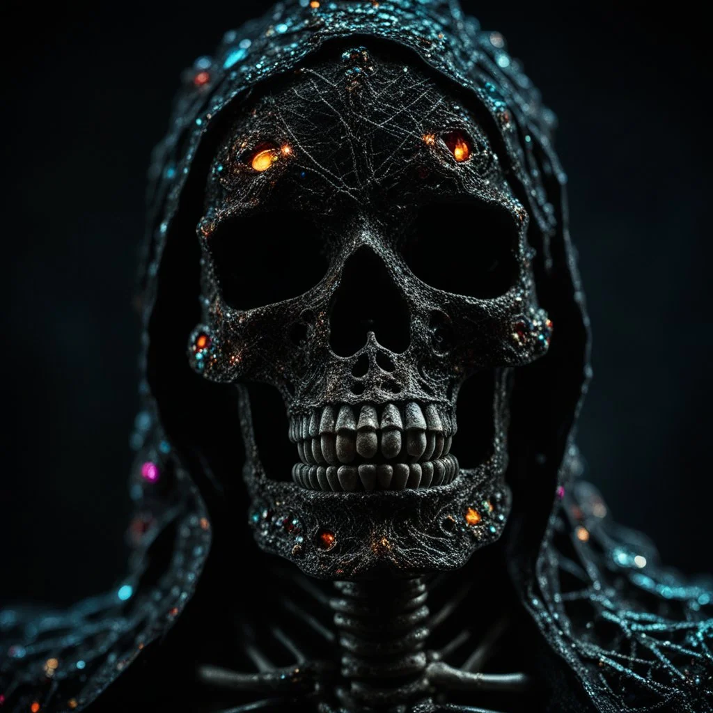 gigantic scarry dark hooded crystal skeleton made of marble, bright colors, glowing sparkle particles, dark tone, sharp focus, contrast, 8k, incredible depth, dramatic lighting, beautifully intricate details, clean environment, epic dynamic scene