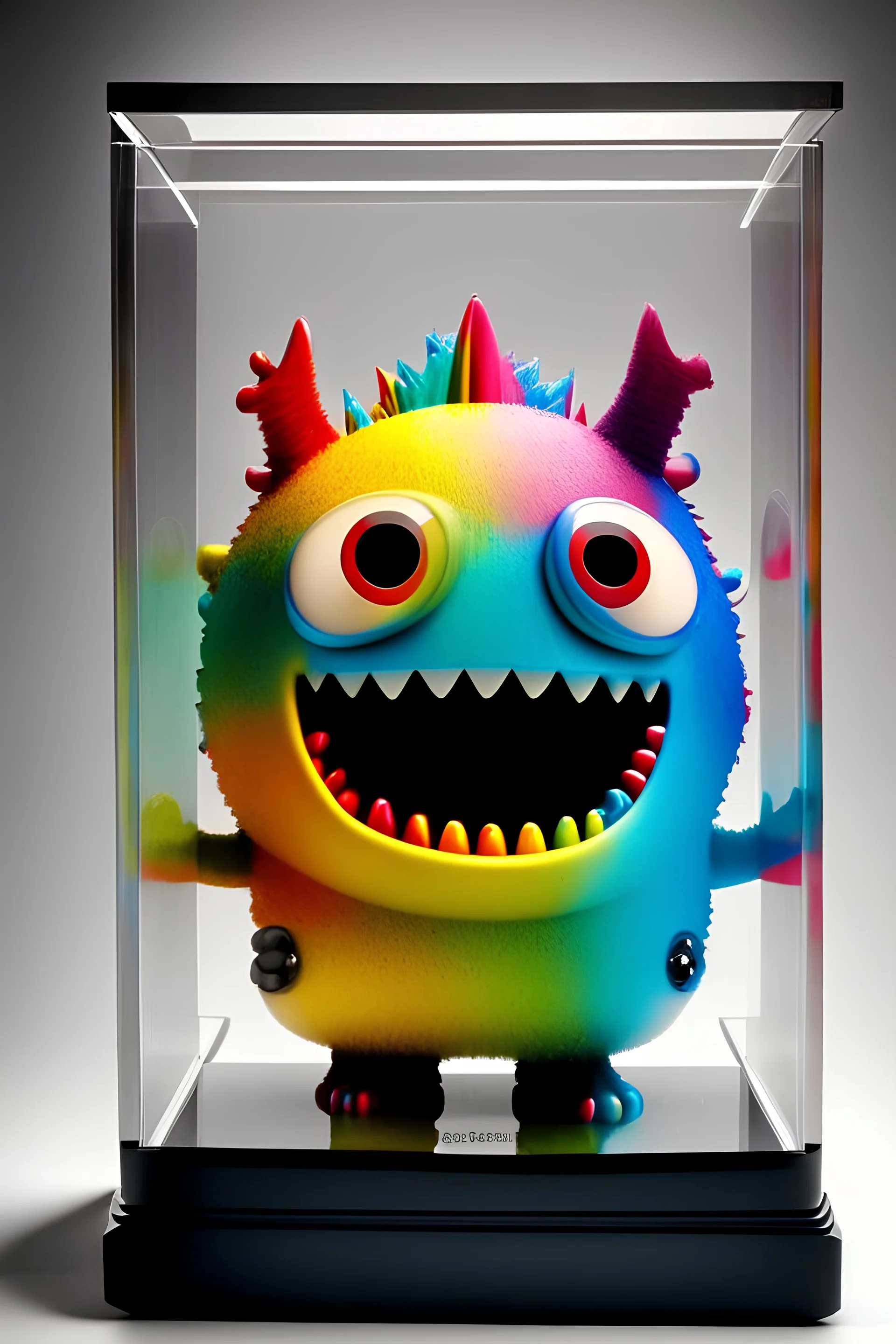 a cute rainbow monster in a glass display case