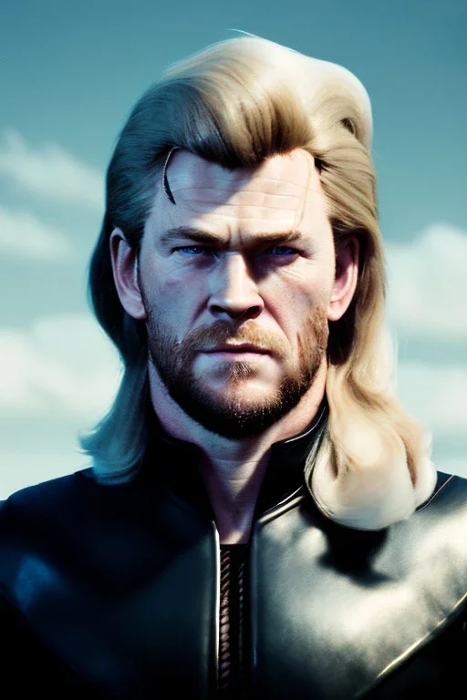 retro portrait image from 1960, sky background, wind, long blonde hair, fighting stance, young Chris Hemsworth, shave face, black dress, classic long tight lycra black suit, red cape, gold bracelet and belt, high boots, soft color, highly detailed, unreal engine 5, ray tracing, RTX, lumen lighting, ultra detail, volumetric lighting, 3d, finely drawn, high definition, high resolution.