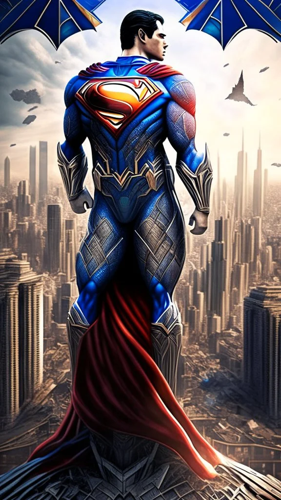 Album cover. Realistic drawing of Mandala pattern. .Advanced Superman with an advanced suit..Realistic detailing. High quality . Movie scene. background . A destroyed city.