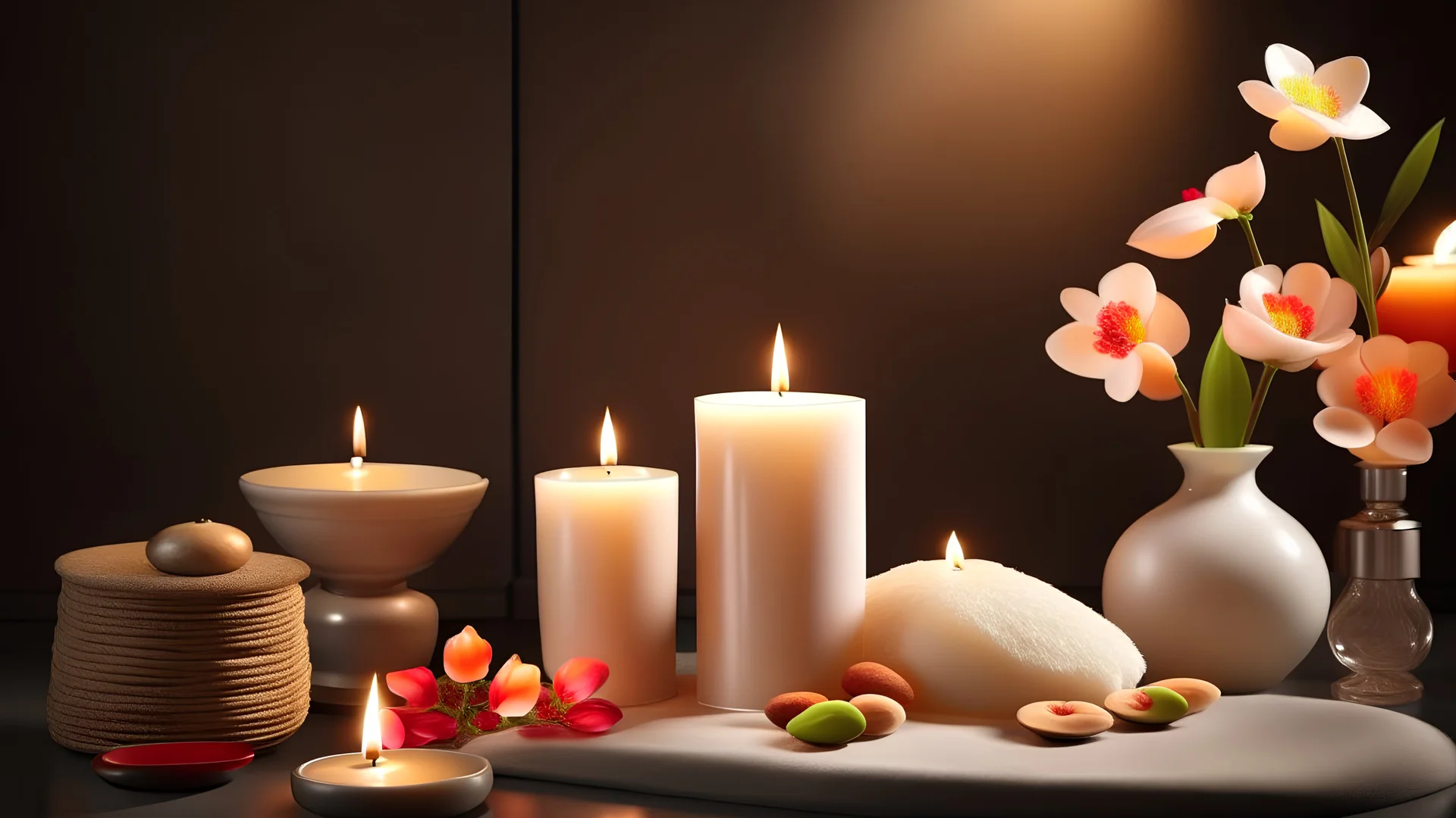 atmosphere around a massage decor, natural products, precise details, high definition, From the crisp aldehyde top note to the luscious heart of peach, apple, almond, rose, and jasmine