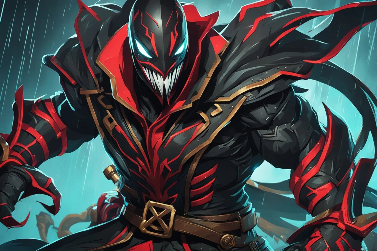 Pyke venom in 8k solo leveling shadow artstyle, pirate them, mask, close picture, rain, neon lights, intricate details, highly detailed, high details, detailed portrait, masterpiece,ultra detailed, ultra quality