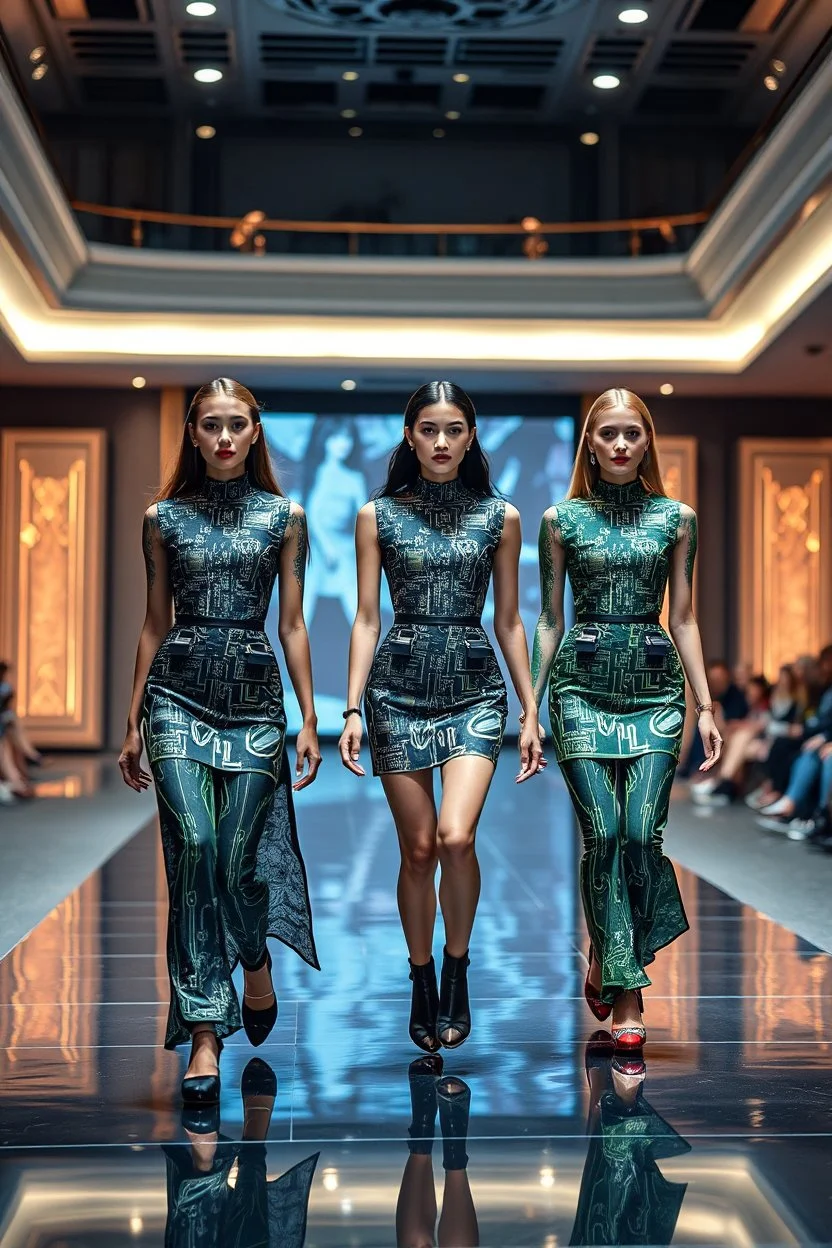a fashion show of lady models in a luxury hall ,models come in different modern clothings made of flexible digital pcb boards with mounted components