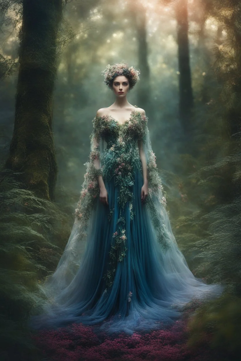 Close Up Front ViewsPhotography Realistic Cinematic colors, beautiful forest woman, photography art style, full body view, a mystical forest, At the center of the photography beautiful Nature Woman, a striking figure of ethereal beauty, The beautiful woman is adorned in a gown made of living flowers and leaves, The gown shimmers with a soft, iridescent glow