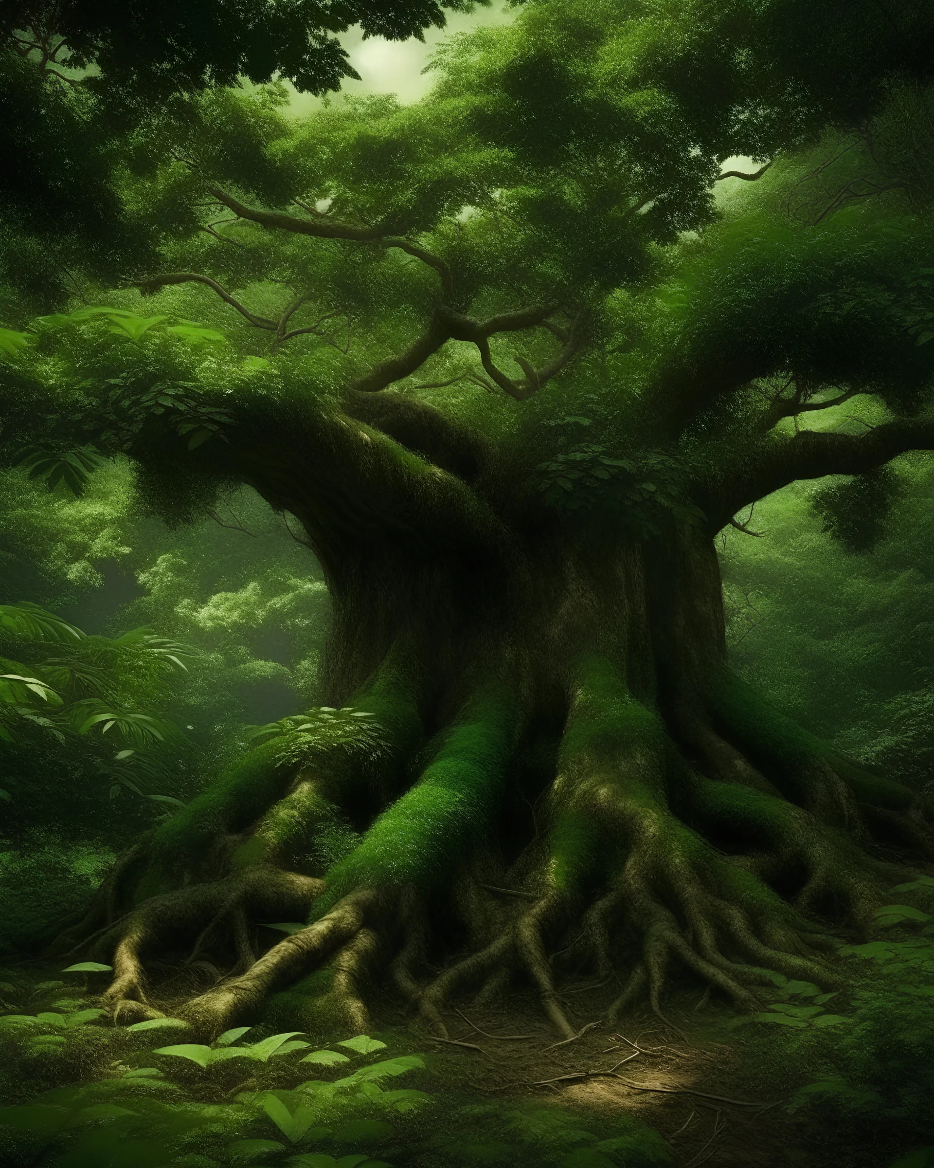 An old and beautiful tree in a green jungle