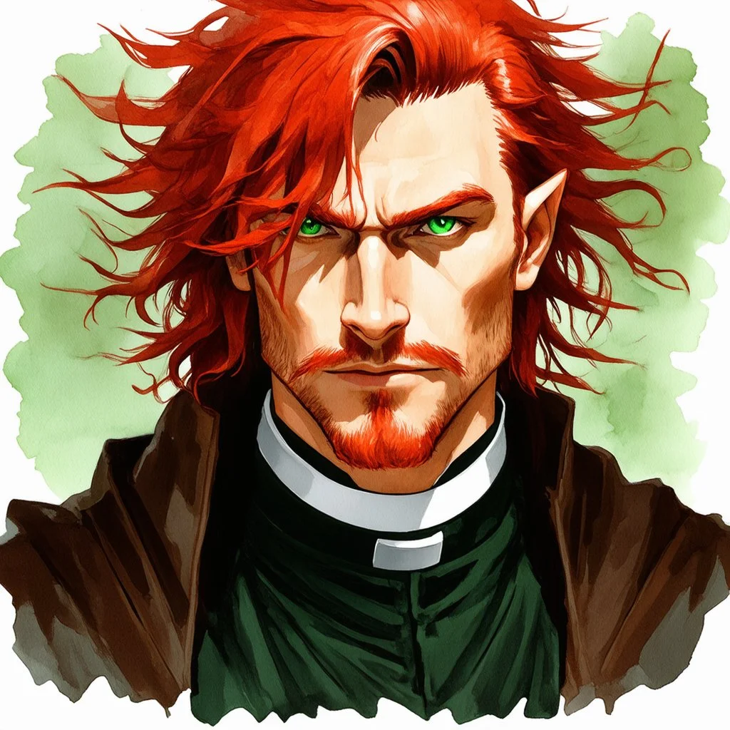 dnd, watercolour, illustration, portrait, realistic, rogue, male, sharp facial features, long red hair, green eyes, radiant, priest