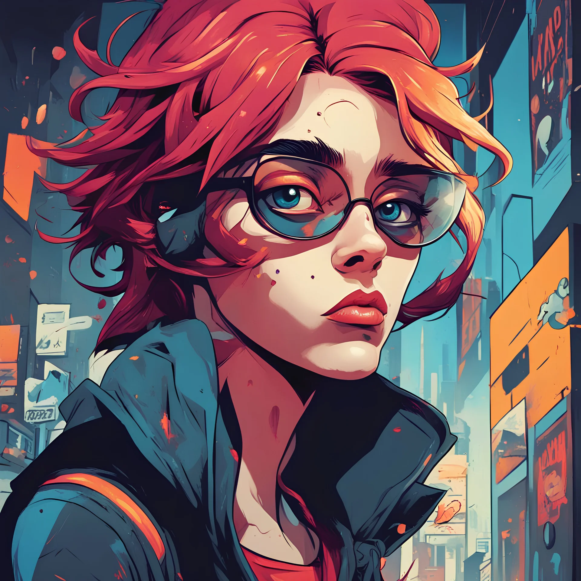 Create a visually striking 2D portrait inspired by comic book and animation styles. incorporating surreal elements to capture an edgy, streetwise vibe. Ensure that the character is facing towards the right side of the canvas