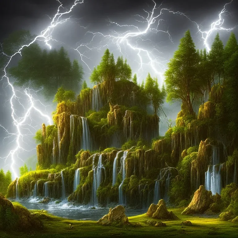 field with rocks, trees and waterfall, cloudy with lightning