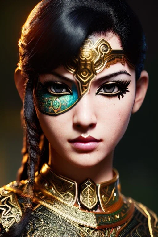 Amazon manga warrior, waist up portrait, 8k resolution, intricate details, ornate details, soft lighting, vibrant colors, retroanime, masterpiece, intricate eyeliner, dark eyeshadow, eyes, facepaint, hair, intricate tattoos, jungle background
