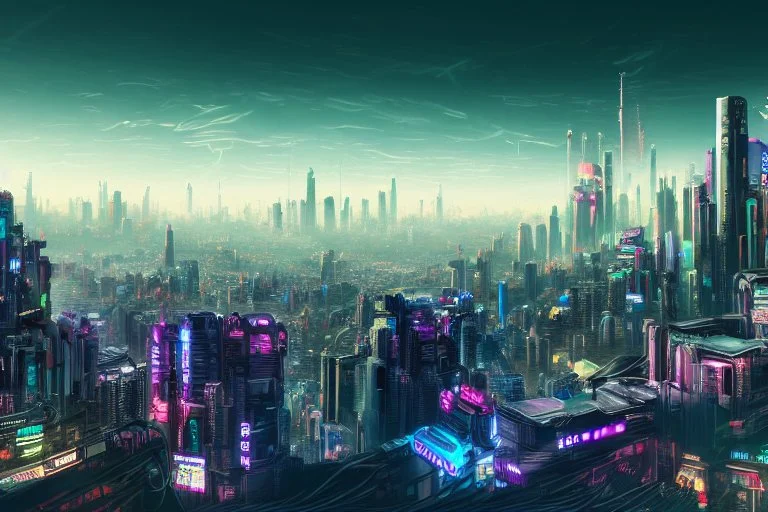 Cyberpunk city, mountains background, hyperdetailed, 4k