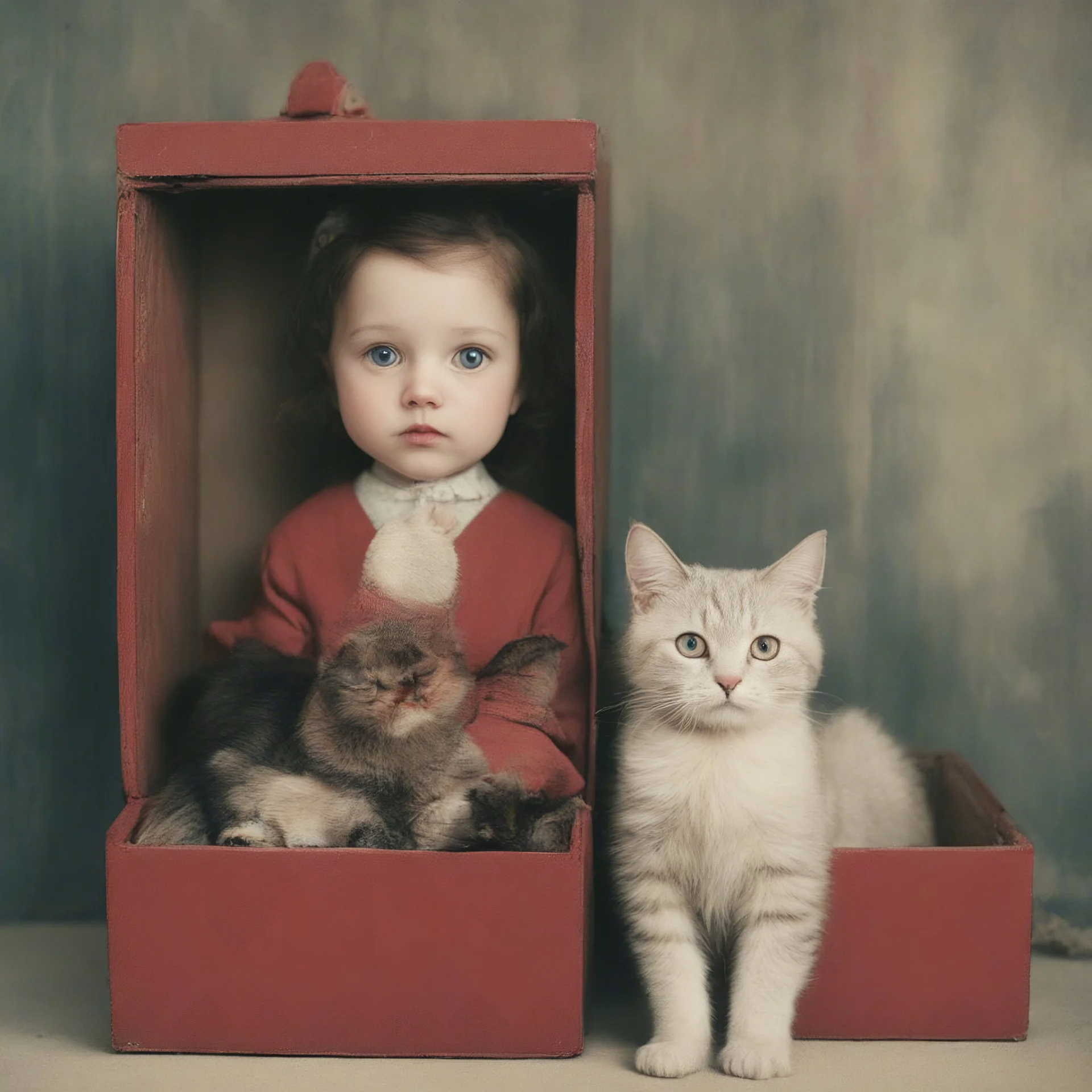 Blythe dol in a boxl, red, old autochrome, cardboards, and a cat