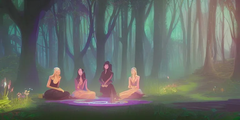 group of beautiful ladies in colour of the rainbow dresses meditating in an enchanted forest with a spring like chalice well, candles in the trees, crystals around, insense burning, super realistic, high detail