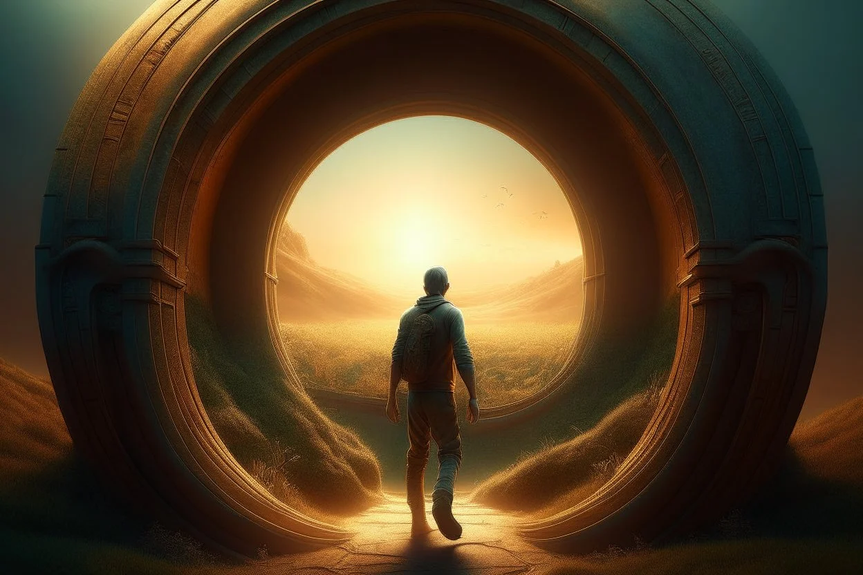 a man moving through a portal, photorealistic, Detailed Matte Painting, Deep Colour, Fantastical, Intricate Detail, sunshine