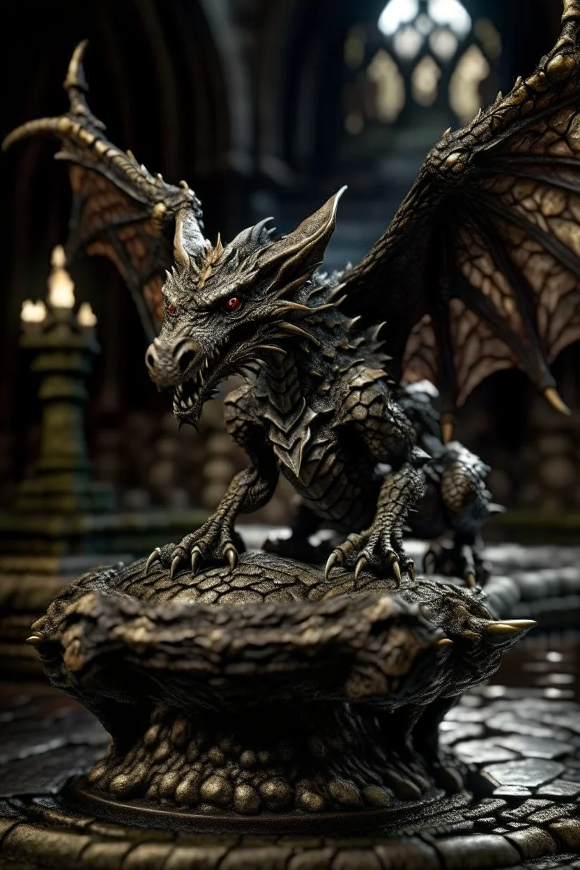 terrifying winged rat dragon hovering above gargoyle sculpture with rattle snake head on underground bone bridge, in the style of fantasy movies, photorealistic, shot on Hasselblad h6d-400c, zeiss prime lens, bokeh like f/0.8, tilt-shift lens 8k, high detail, smooth render, down-light, unreal engine 5, cinema 4d, HDR, dust effect, vivid colors