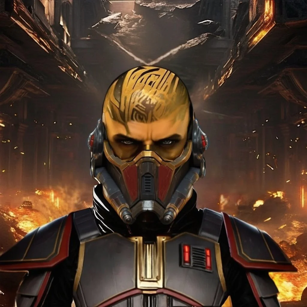 star wars bald male corellian jedi wearing gunmetal grey and black old republic armored flightsuit with gold and metallic red trim inside the jedi temple, centered head and shoulders portrait, hyperdetailed, dynamic lighting, hyperdetailed background, 8k resolution, volumetric lighting, light skin, fully symmetric details